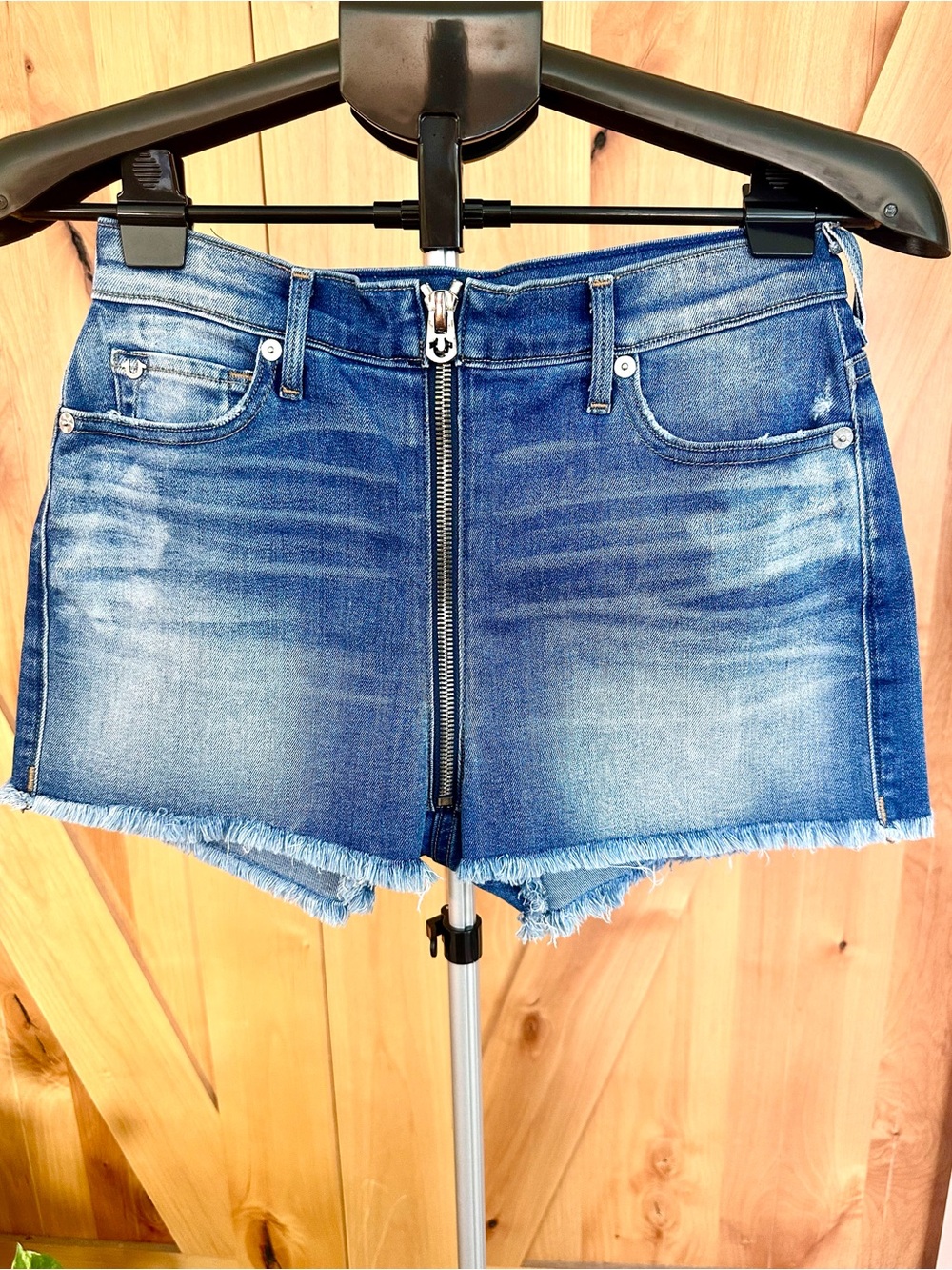 True Religion High Rise Ava Cut Off Denim Shorts Blue Zipper Fly Size 27